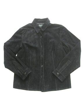 VTG Bushwacker Black Suede Leather Shirt Jacket L Shacket (Made in USA) WJ98